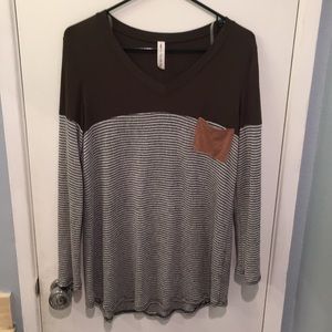 Green and grey striped shirt